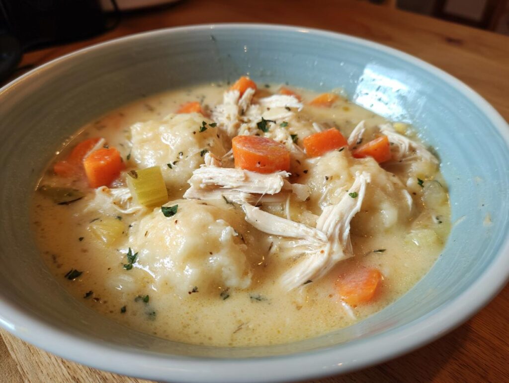 A close-up of a bowl of creamy chicken and dumplings, featuring shredded chicken, soft dumplings, carrots, and celery.