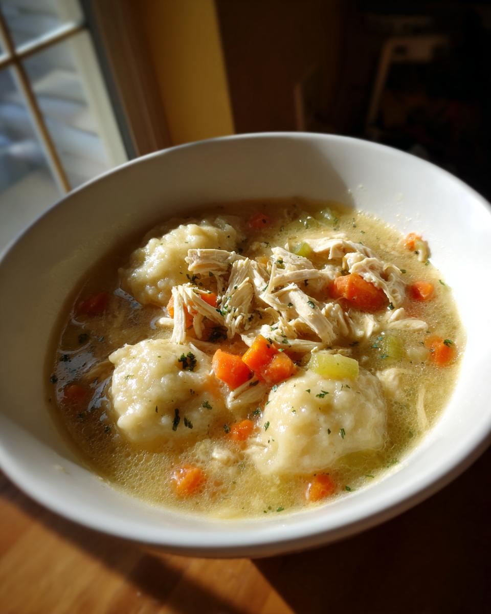 A bowl of comforting slow cooker chicken and dumplings with shredded chicken, carrots, and fluffy dumplings.