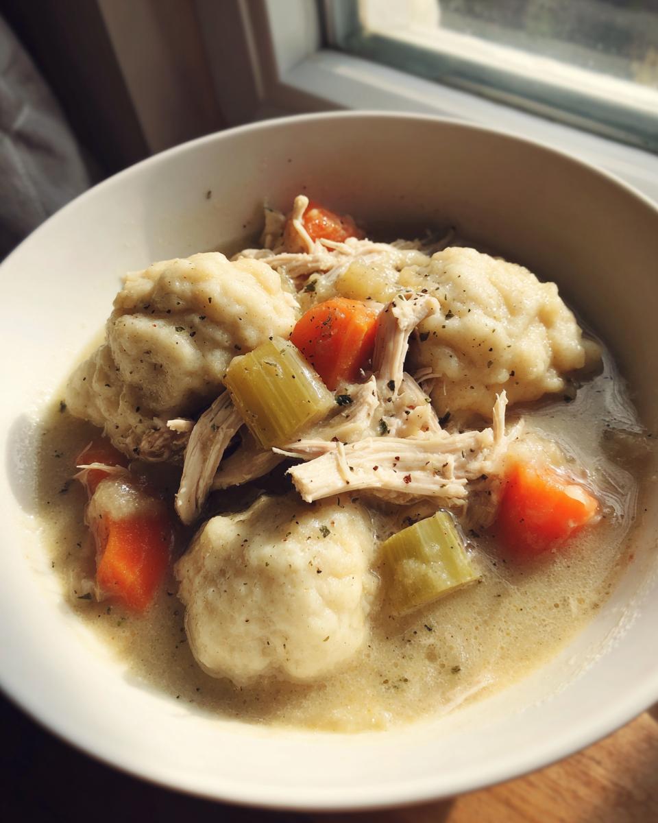 A comforting bowl of slow cooker chicken and dumplings with carrots and celery.