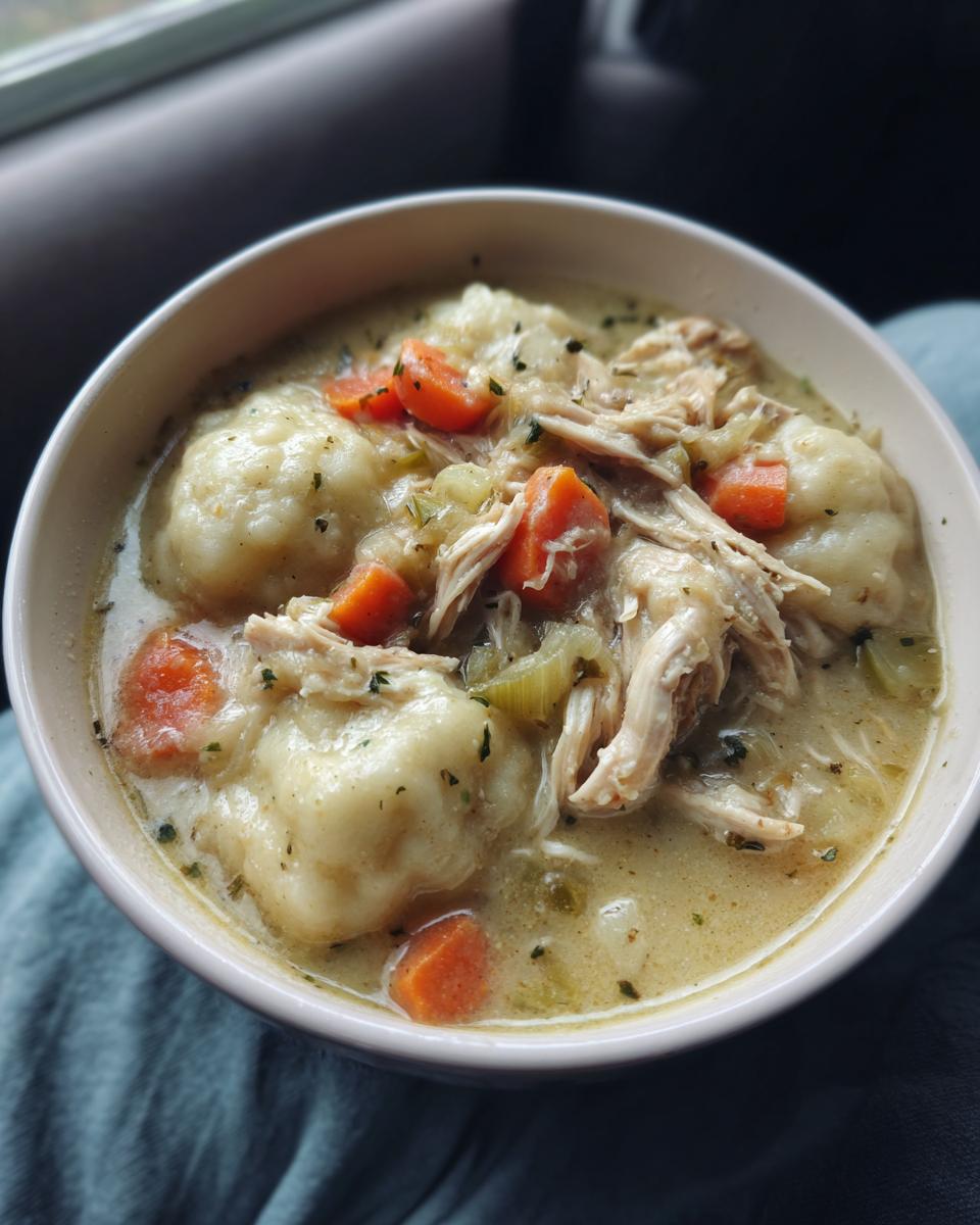A bowl of creamy slow cooker chicken and dumplings with carrots and celery, a comforting meal.