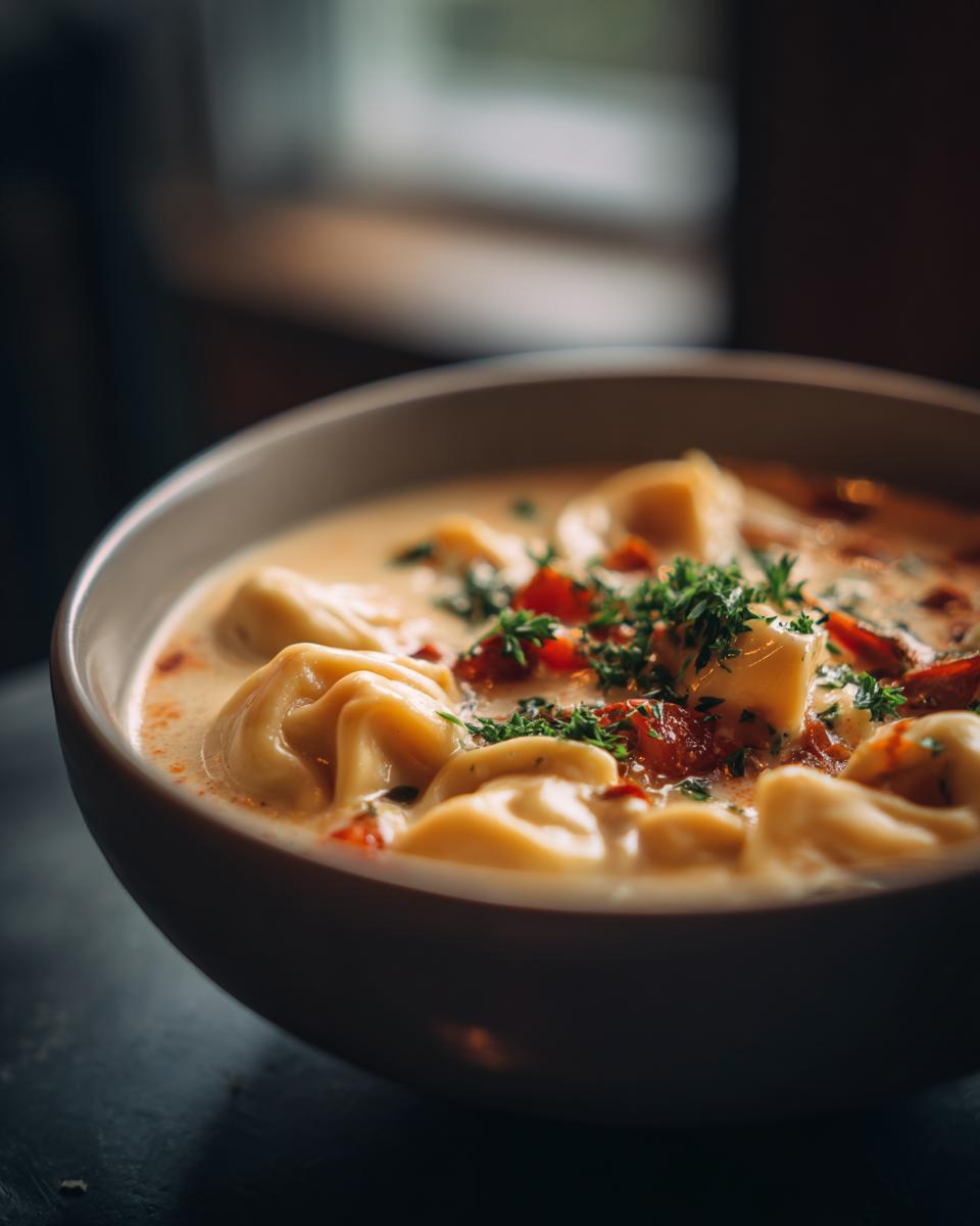 A close-up of a bowl of creamy tortellini soup, garnished with fresh herbs and diced tomatoes.