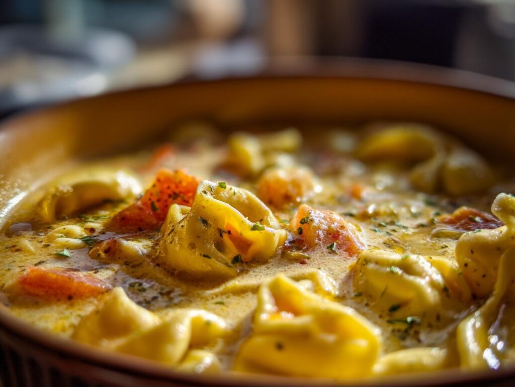 Close-up of a bowl filled with creamy tortellini soup, featuring plump tortellini pasta and chunks of tomato, garnished with herbs.
