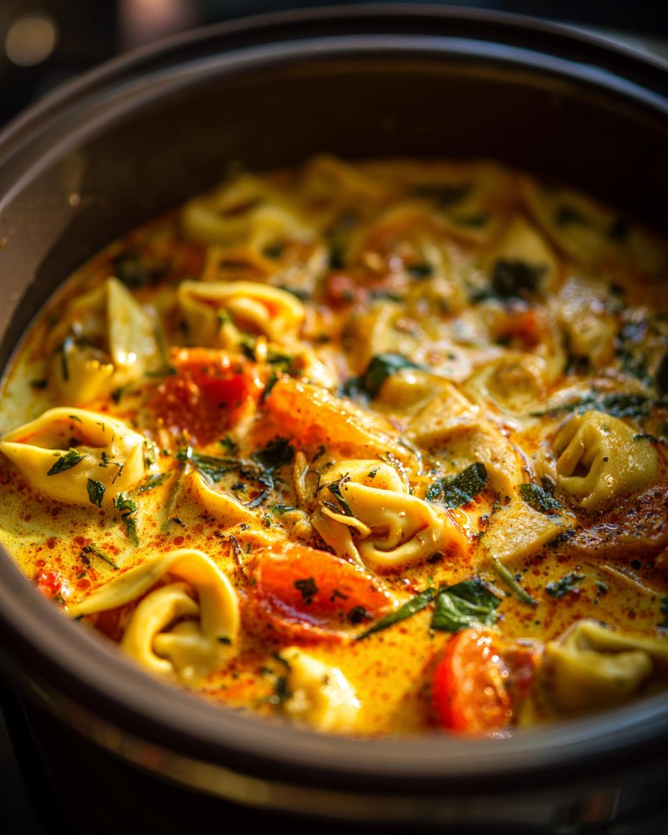 Close-up of creamy tortellini soup in a slow cooker, with visible tortellini, tomatoes, and herbs.