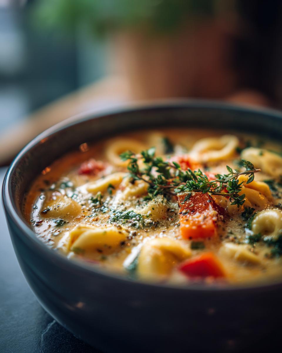 A close-up of a bowl of Slow Cooker Creamy Tortellini Soup, garnished with fresh herbs and sprinkled with cheese.