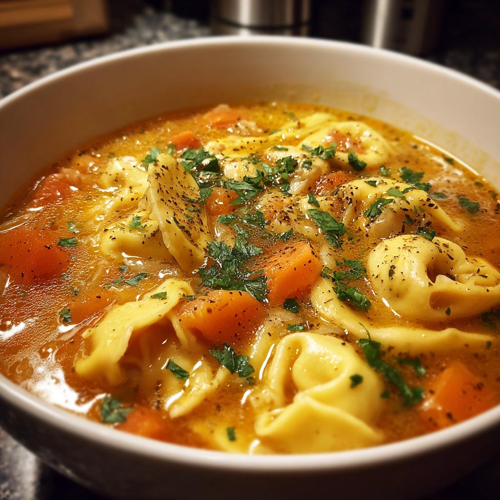 A close-up of a bowl of creamy tortellini soup with chunks of carrots and fresh parsley.