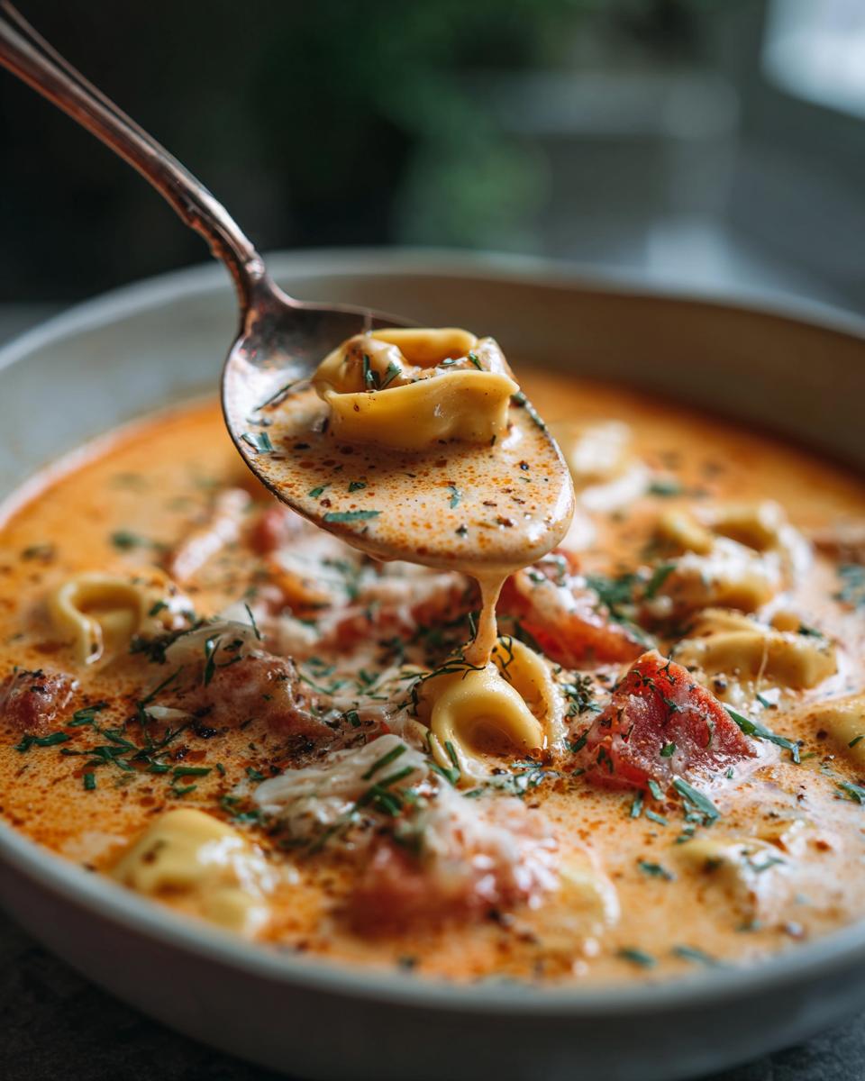 A spoonful of creamy tortellini soup, showing tortellini pasta, tomatoes, and herbs in a rich broth.
