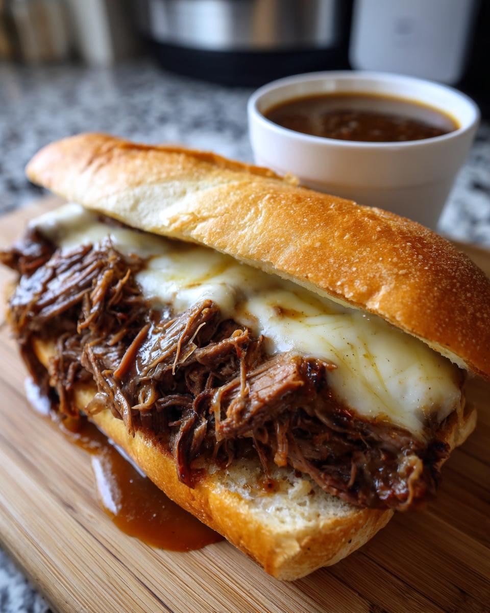 A juicy slow cooker French dip sandwich piled high with shredded beef and melted cheese, served with a side of au jus.