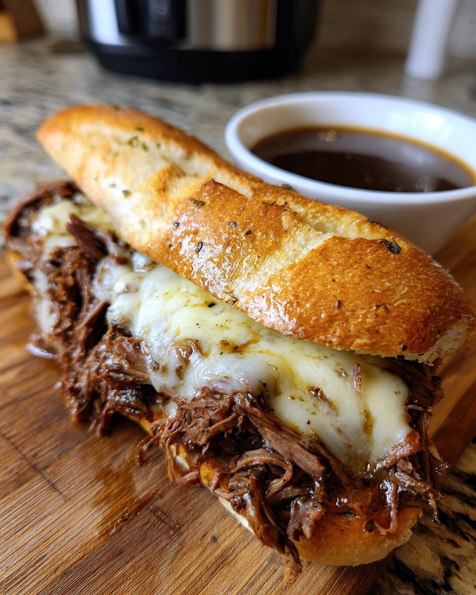 A delicious slow cooker French dip sandwich piled high with shredded beef and melted cheese, served with a side of au jus.