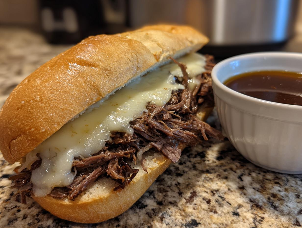 A delicious slow cooker French dip sandwich piled high with shredded beef and melted cheese, served with a side of au jus.