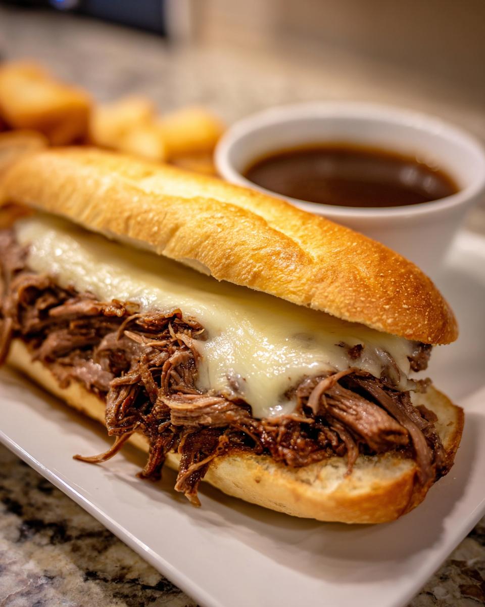 A delicious slow cooker French dip sandwich with tender shredded beef and melted cheese on a bun, served with au jus.