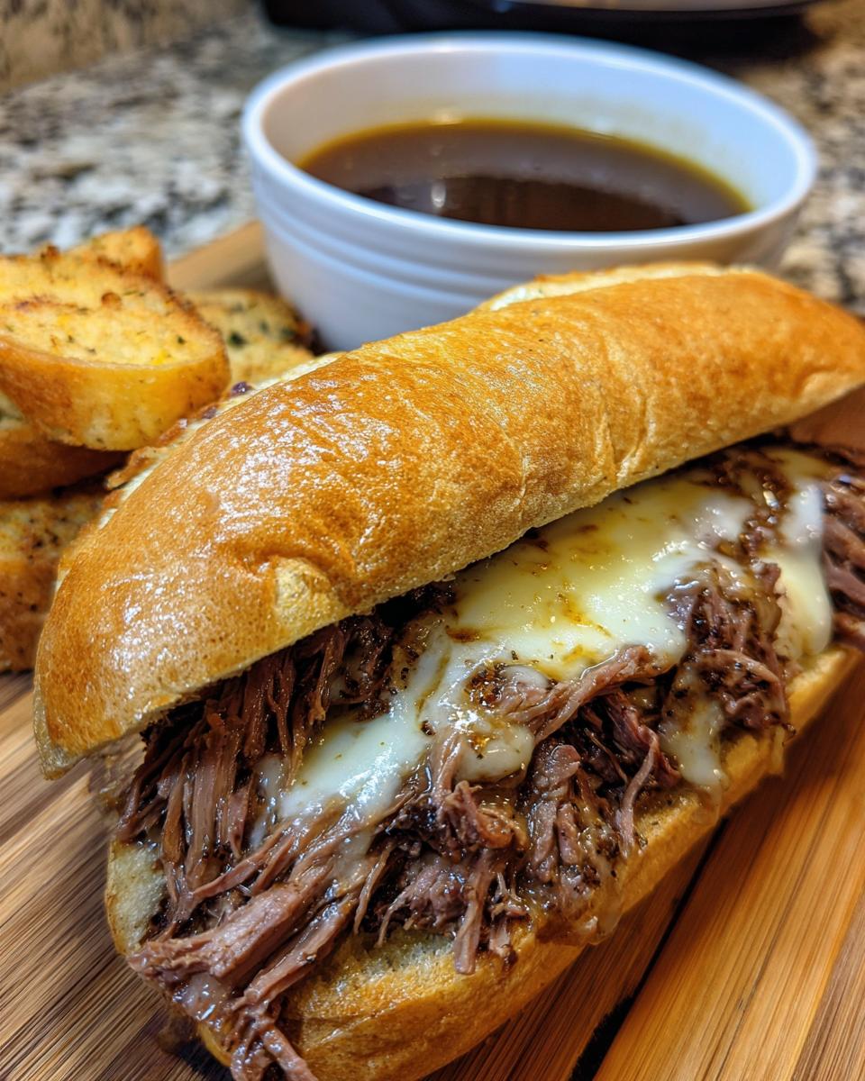 A delicious slow cooker French dip sandwich piled high with shredded beef and melted cheese, served with au jus and garlic bread.