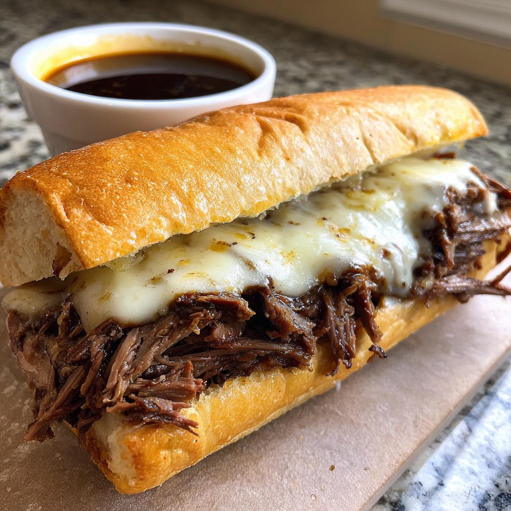 A delicious slow cooker French dip sandwich piled high with shredded beef and melted cheese, served with a side of au jus.