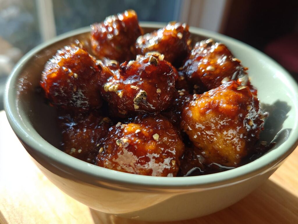 Close-up of glossy honey garlic meatballs in a bowl, sprinkled with sesame seeds and pepper.