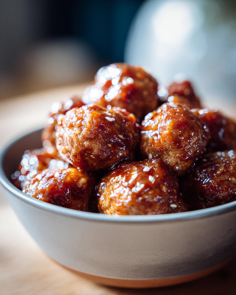 A bowl of glossy honey garlic meatballs, perfect for slow cooker recipes at parties.