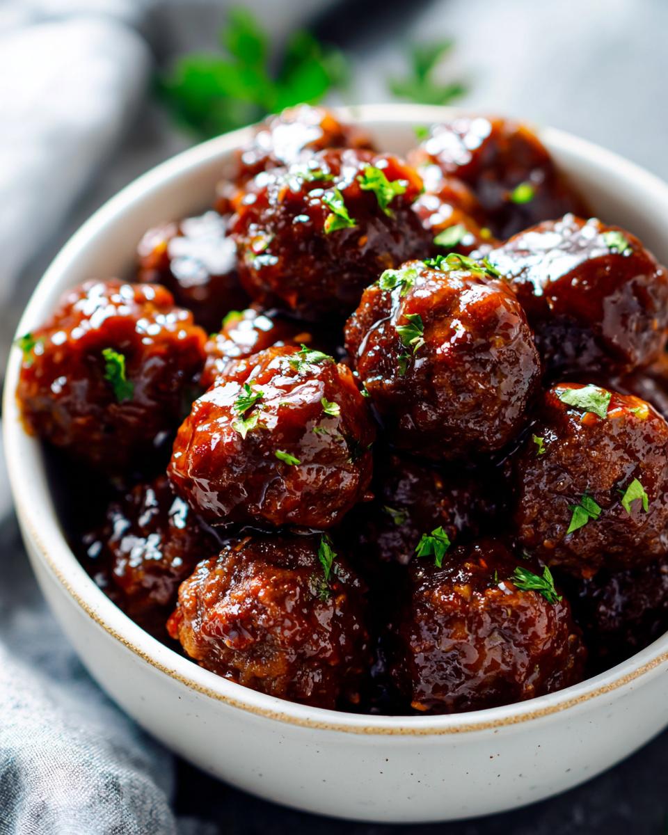 A bowl filled with glossy honey garlic meatballs, garnished with fresh parsley, perfect for slow cooker recipes at parties.