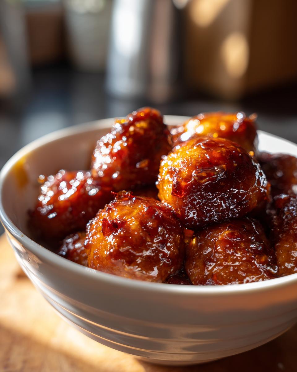 A bowl of glistening honey garlic meatballs, perfect for slow cooker recipes at party time.