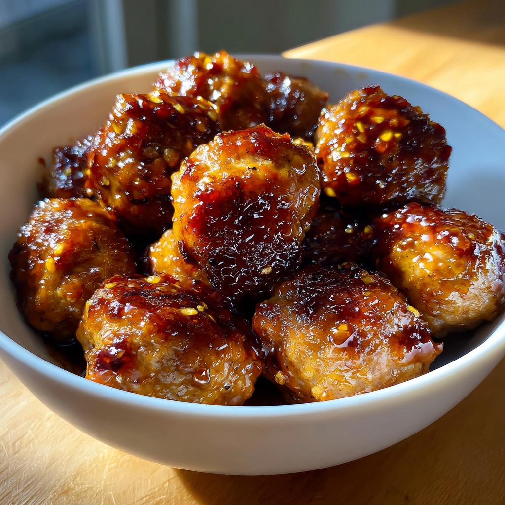 A white bowl filled with glistening honey garlic meatballs, perfect for slow cooker recipes at parties.