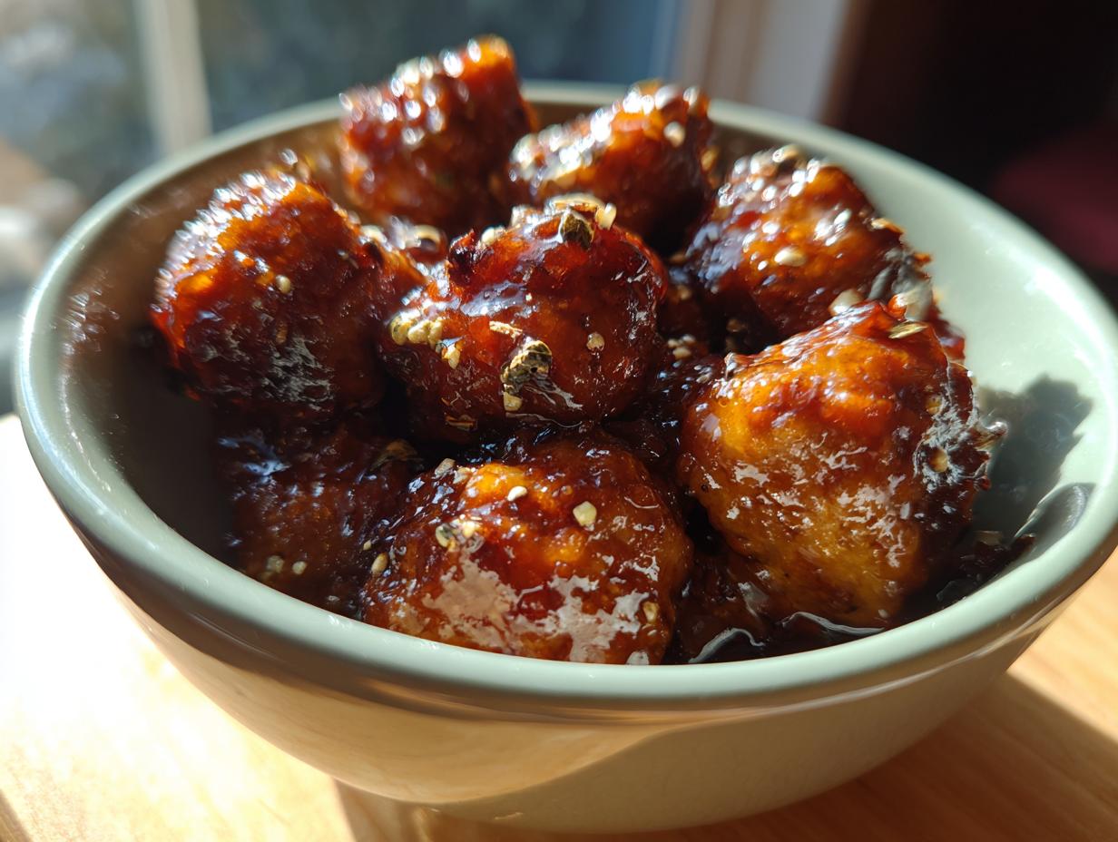 Close-up of glossy honey garlic meatballs in a bowl, sprinkled with sesame seeds and pepper.