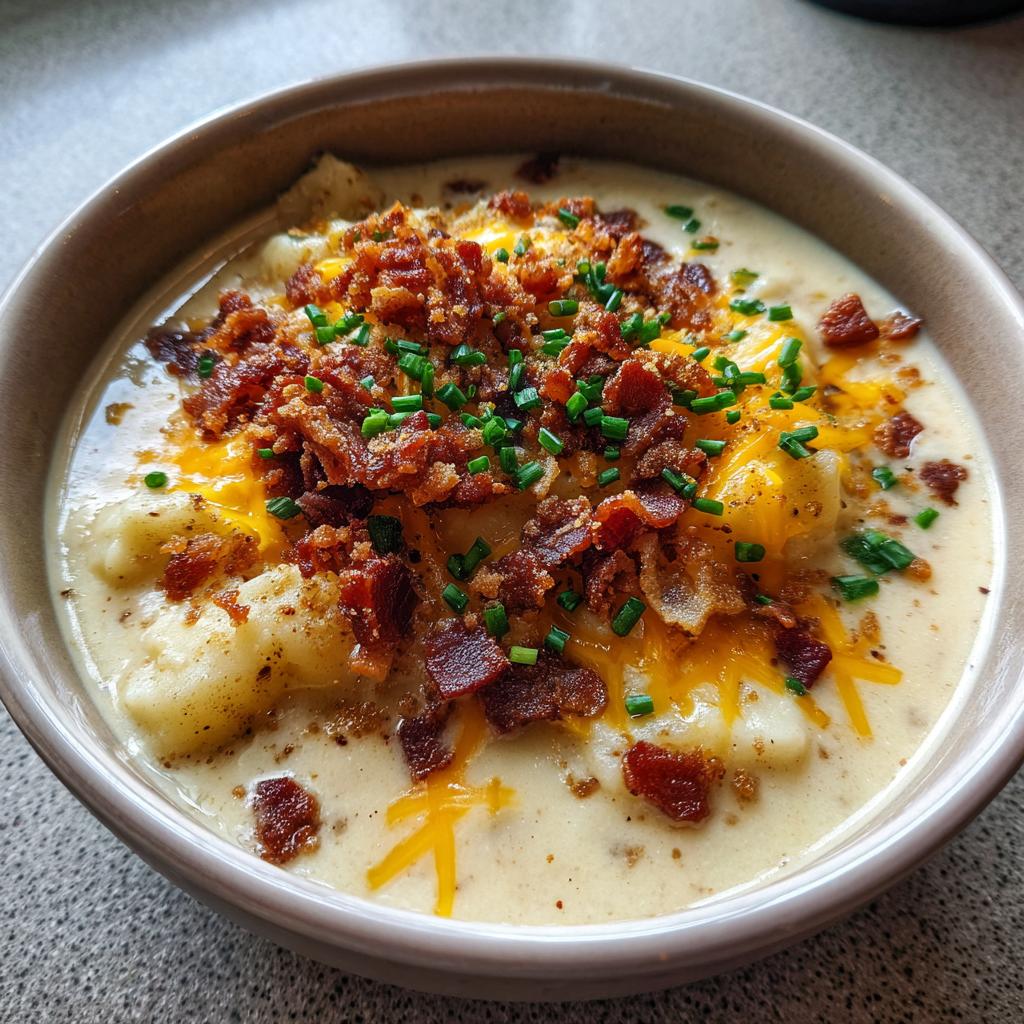 A close-up of a bowl of loaded baked potato soup, topped with cheese, bacon, and chives.
