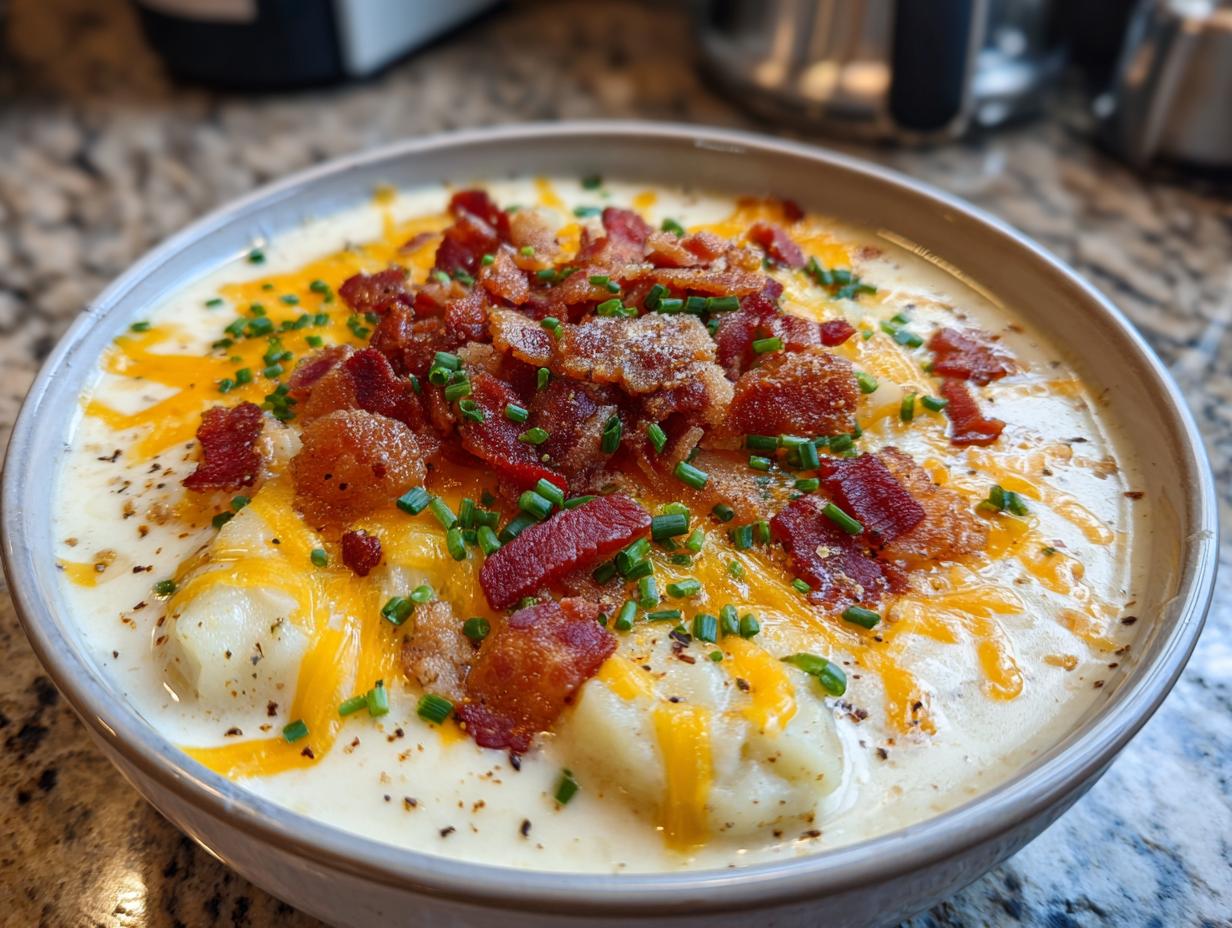 A bowl of creamy slow cooker loaded baked potato soup topped with cheese, bacon, and chives.
