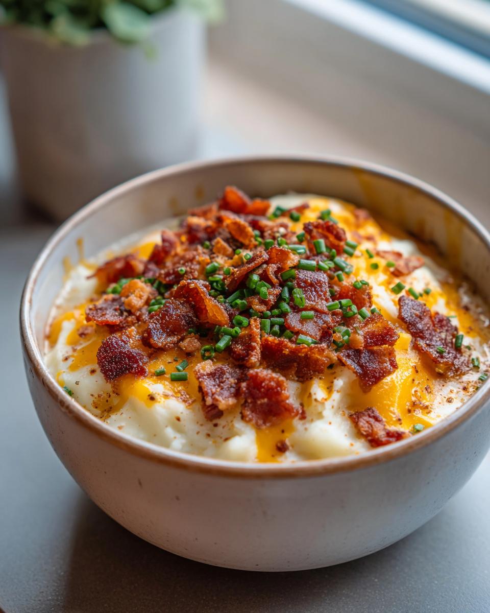 A bowl of creamy loaded baked potato soup topped with melted cheese, crispy bacon, and chives.