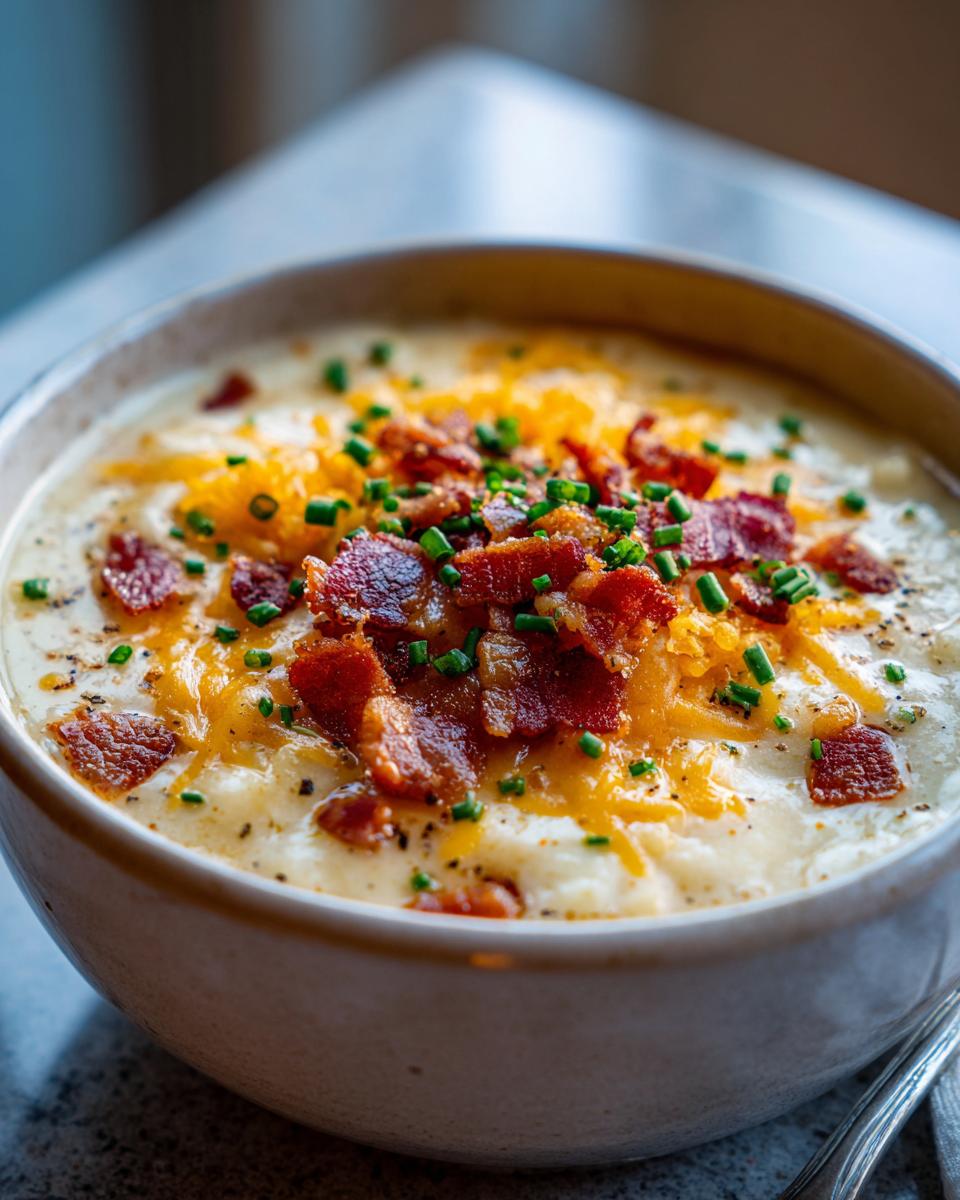 A close-up of a bowl of loaded baked potato soup, topped with shredded cheddar cheese, crispy bacon, and chives.