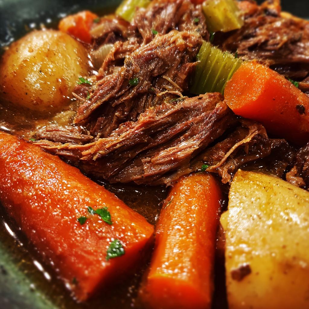 Close-up of a slow cooker pot roast with tender shredded beef, carrots, and potatoes in a rich gravy.