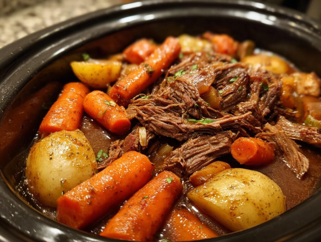 A close-up of a slow cooker pot roast with tender shredded beef, carrots, and potatoes in a rich gravy.