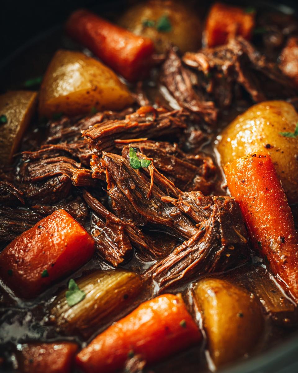 Close-up of tender, shredded pot roast with chunks of carrots and potatoes in a rich gravy, perfect for slow cooker recipes.