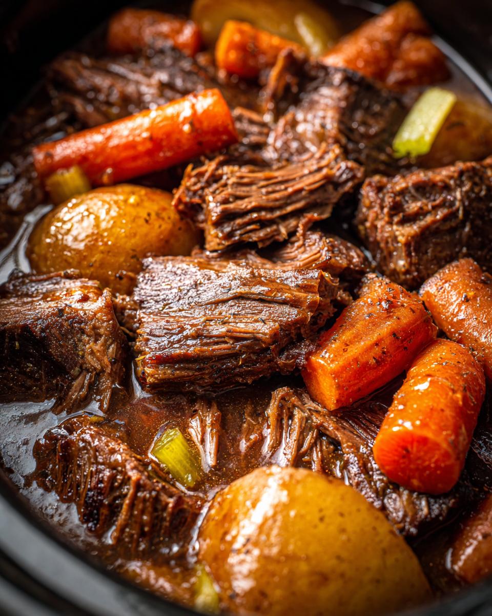 Close-up of tender, shredded pot roast with carrots and potatoes in a rich gravy, a perfect example of slow cooker recipes.