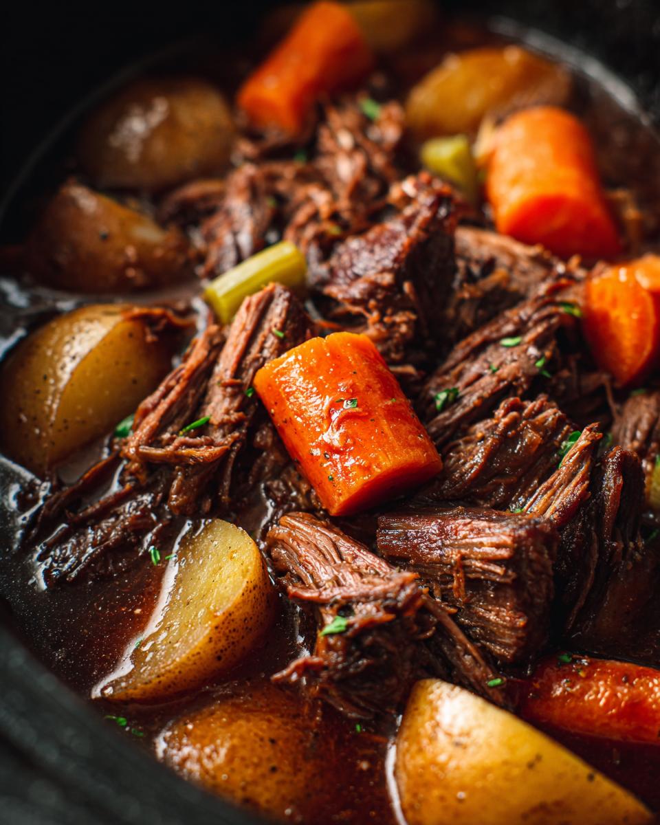 Close-up of tender slow cooker pot roast with potatoes and carrots, a perfect Sunday comfort meal.