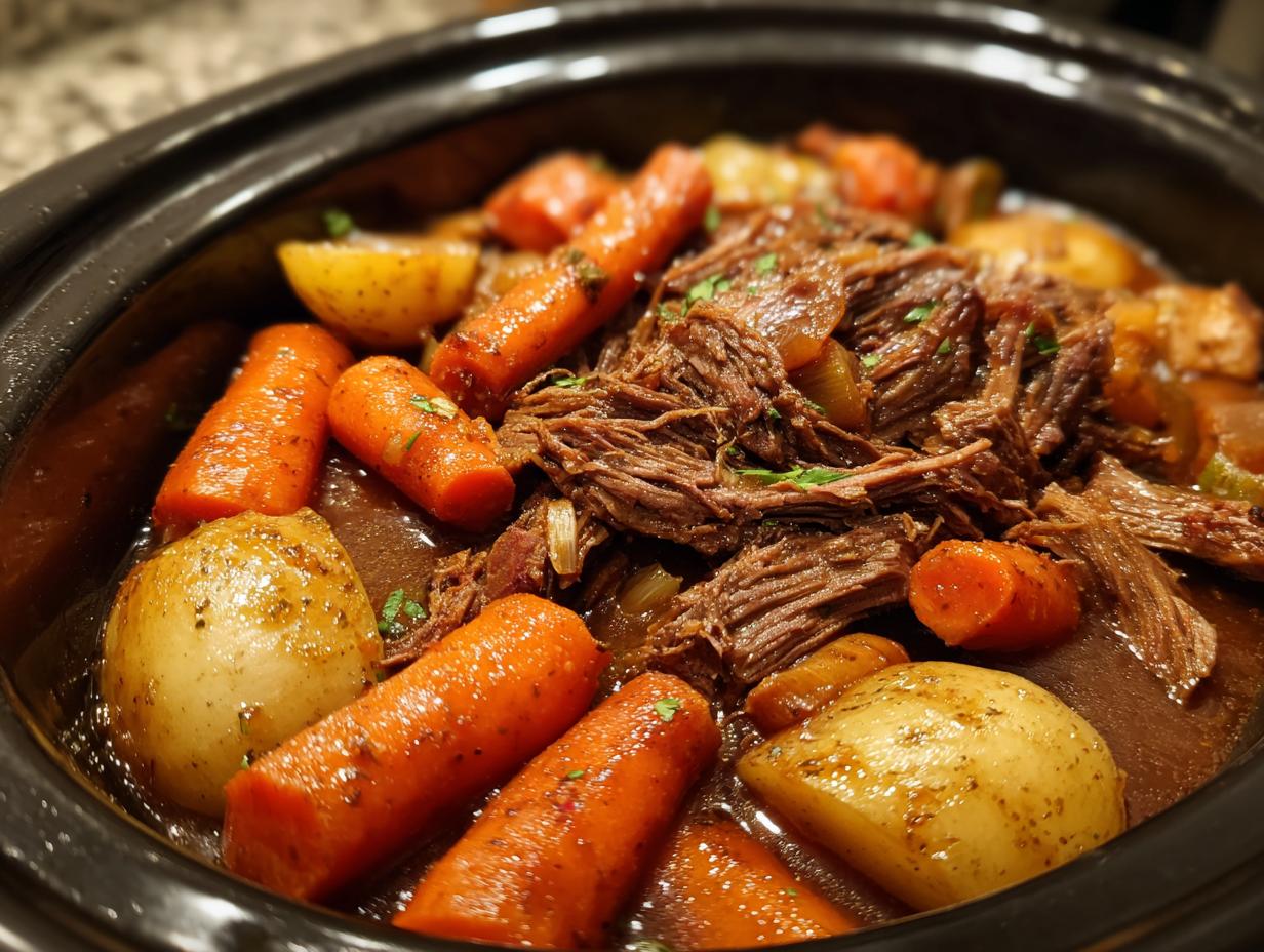 A close-up of a slow cooker pot roast with tender shredded beef, carrots, and potatoes in a rich gravy.