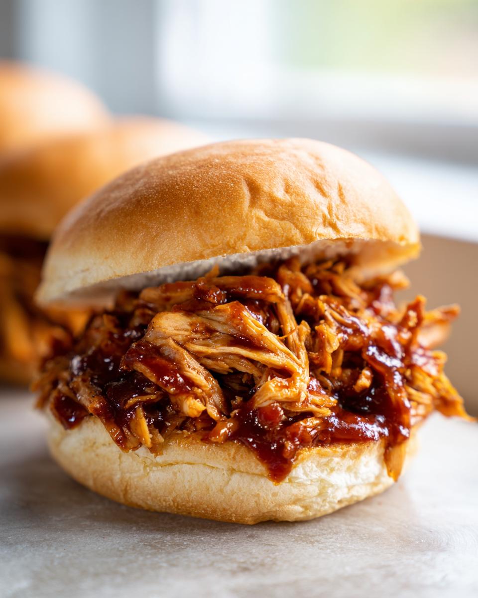 A close-up of a delicious slow cooker pulled BBQ chicken sandwich on a soft bun, showcasing tender chicken coated in rich BBQ sauce.