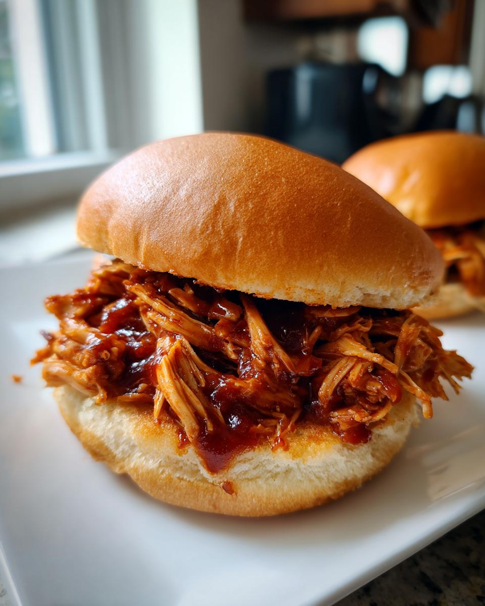 Close-up of a delicious pulled BBQ chicken sandwich on a white plate, made with slow cooker recipes.