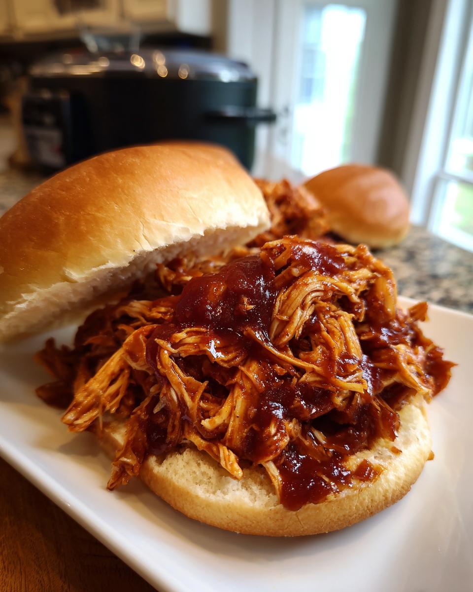 A delicious slow cooker pulled BBQ chicken sandwich piled high on a bun with extra BBQ sauce.