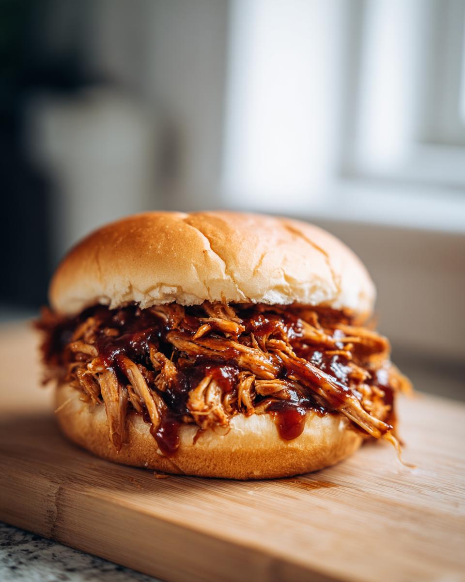 A delicious sandwich filled with slow cooker pulled BBQ chicken on a bun, served on a wooden board.