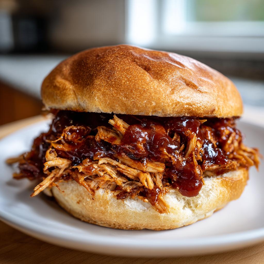 A close-up of a delicious pulled BBQ chicken sandwich on a bun, showcasing tender shredded chicken coated in rich BBQ sauce.