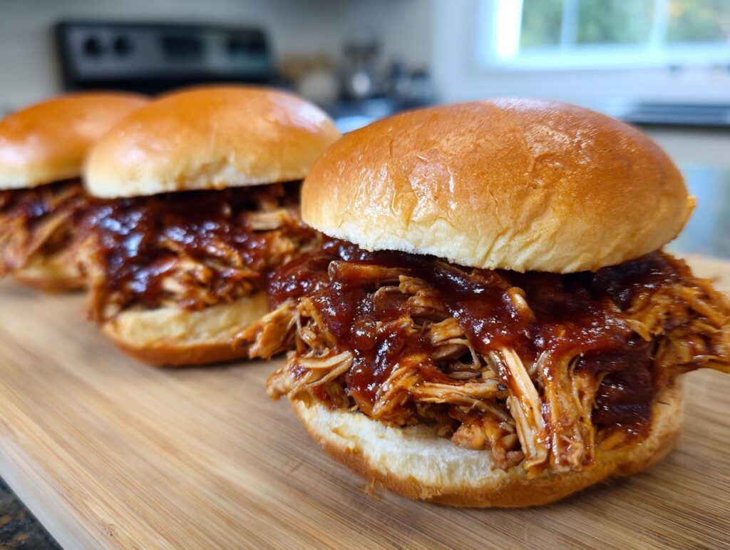 Three delicious slow cooker pulled BBQ chicken sandwiches on a wooden board, ready to be served.