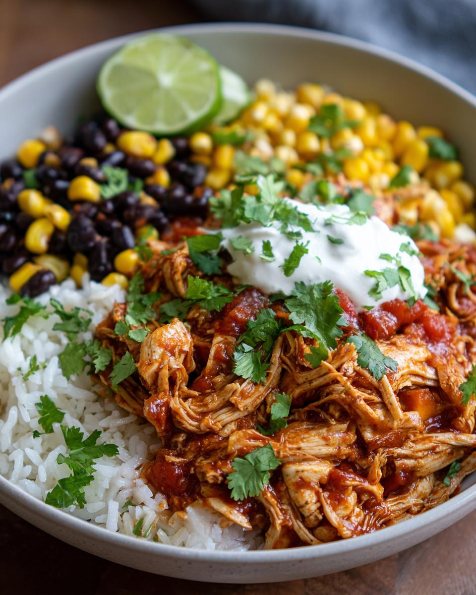 A close-up of a delicious Salsa Verde Chicken Taco Bowl with rice, black beans, corn, and lime.