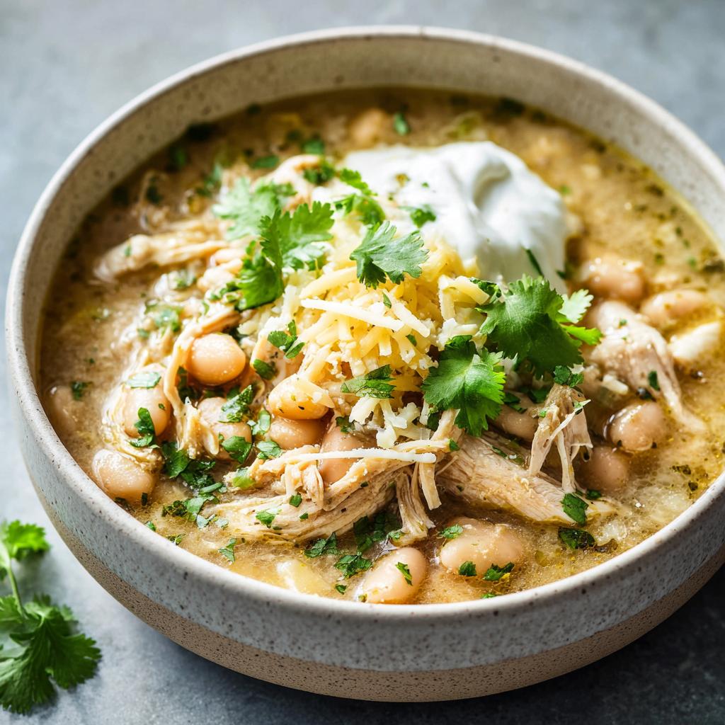 A close-up bowl of slow cooker white chicken chili full of flavor, topped with shredded cheese, sour cream, and cilantro.
