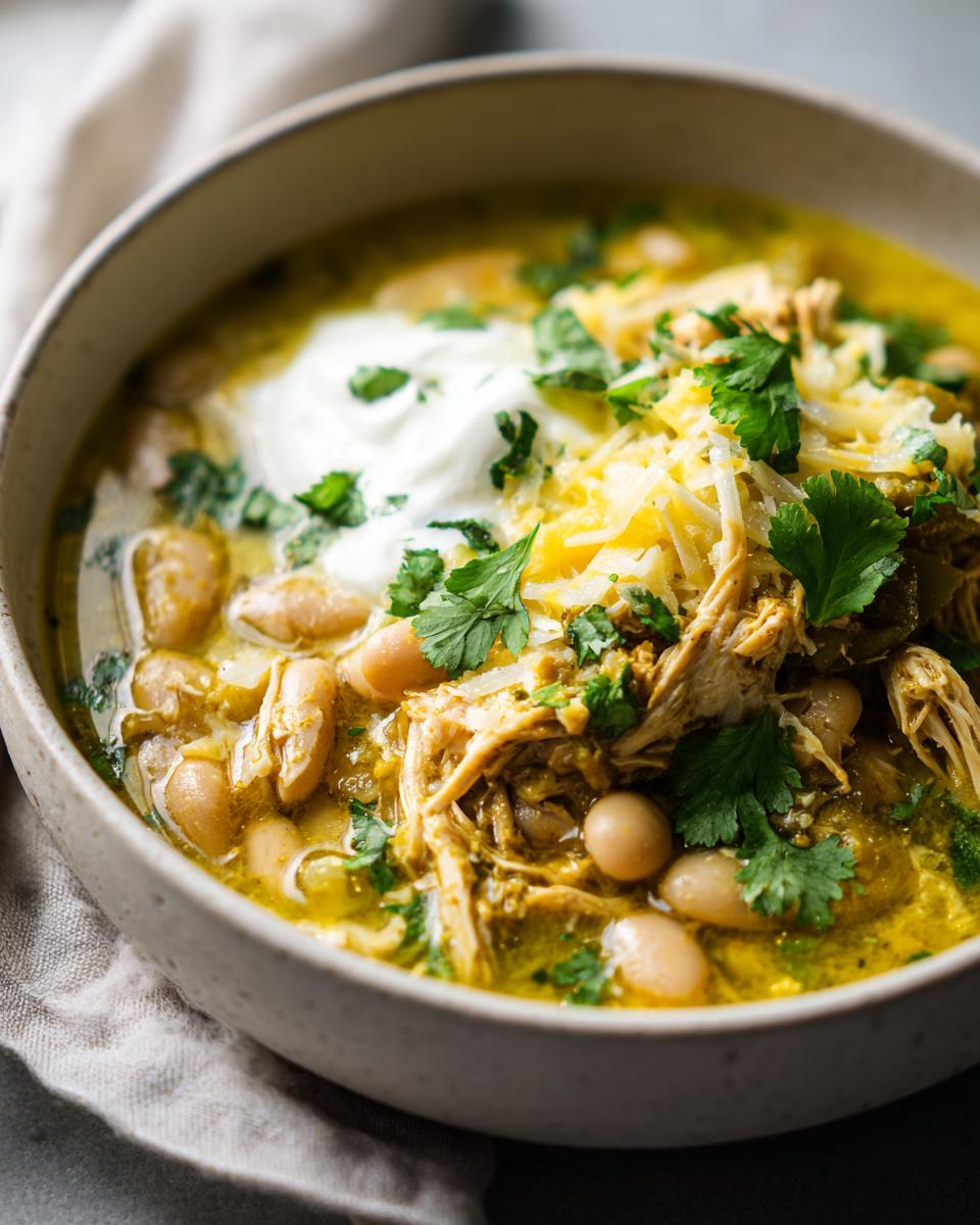 A bowl of flavorful Slow Cooker White Chicken Chili with shredded chicken, white beans, and topped with sour cream, cheese, and cilantro.
