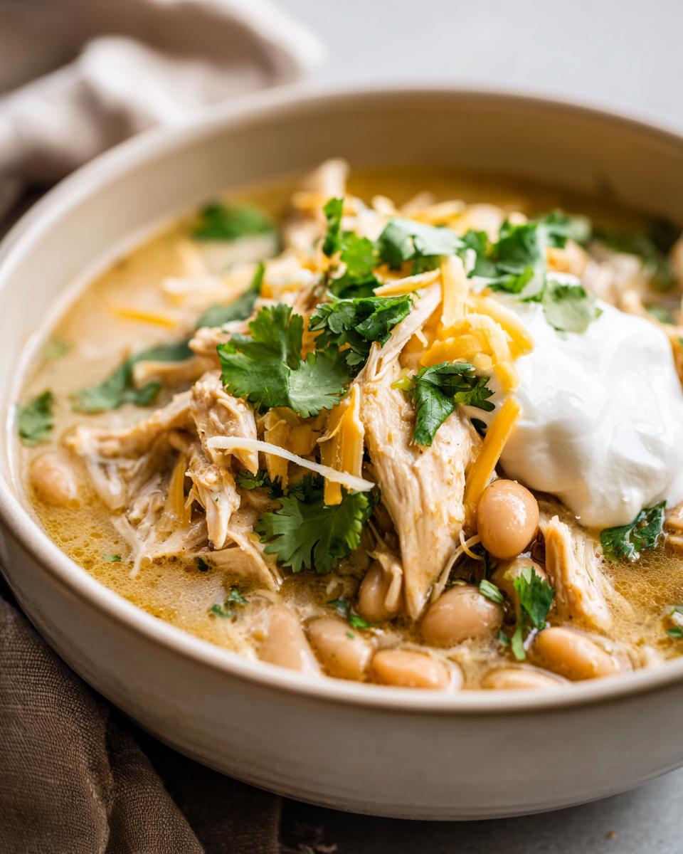 A close-up of a bowl of Slow Cooker White Chicken Chili, topped with shredded cheese, cilantro, and a dollop of sour cream.