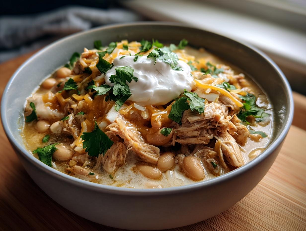 A close-up of a bowl of slow cooker white chicken chili, topped with shredded chicken, white beans, cheese, sour cream, and cilantro.