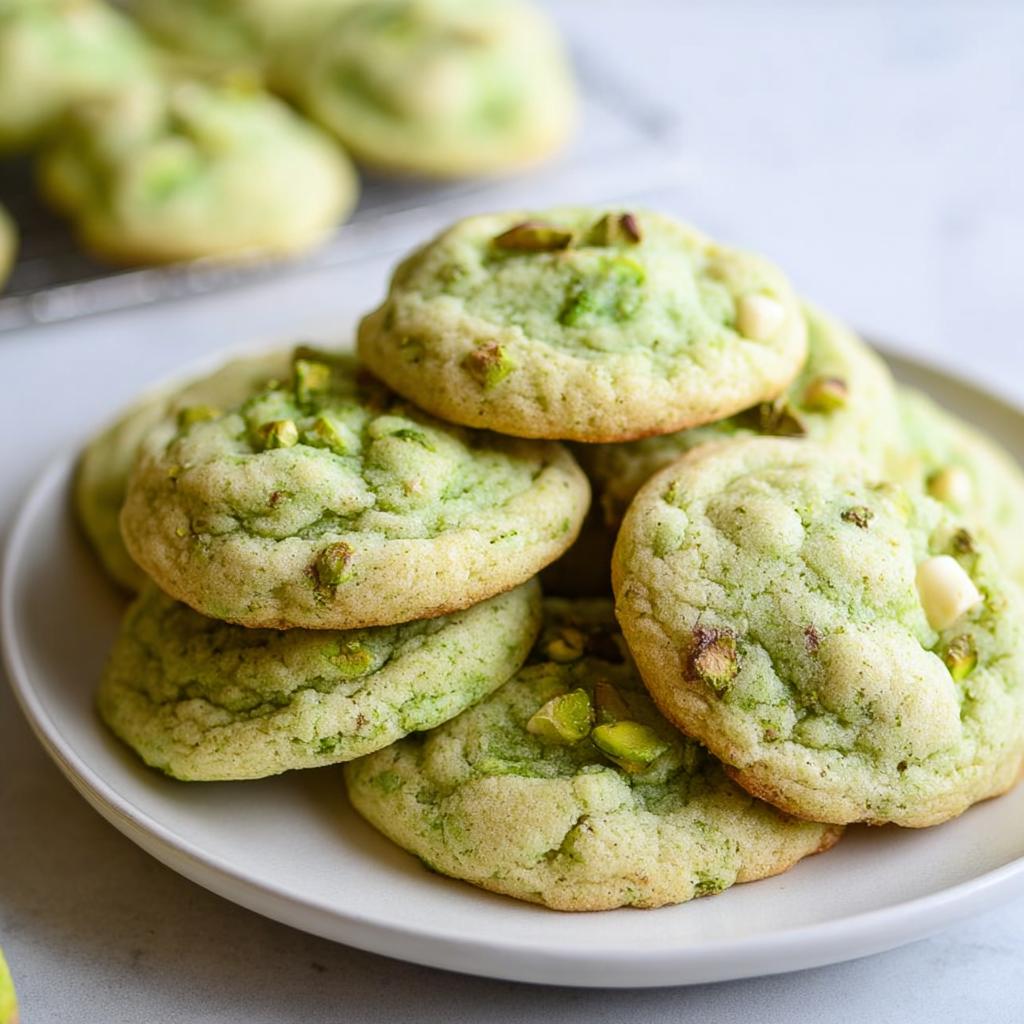 A stack of soft and chewy pistachio pudding cookies, studded with chopped pistachios and white chocolate chips.