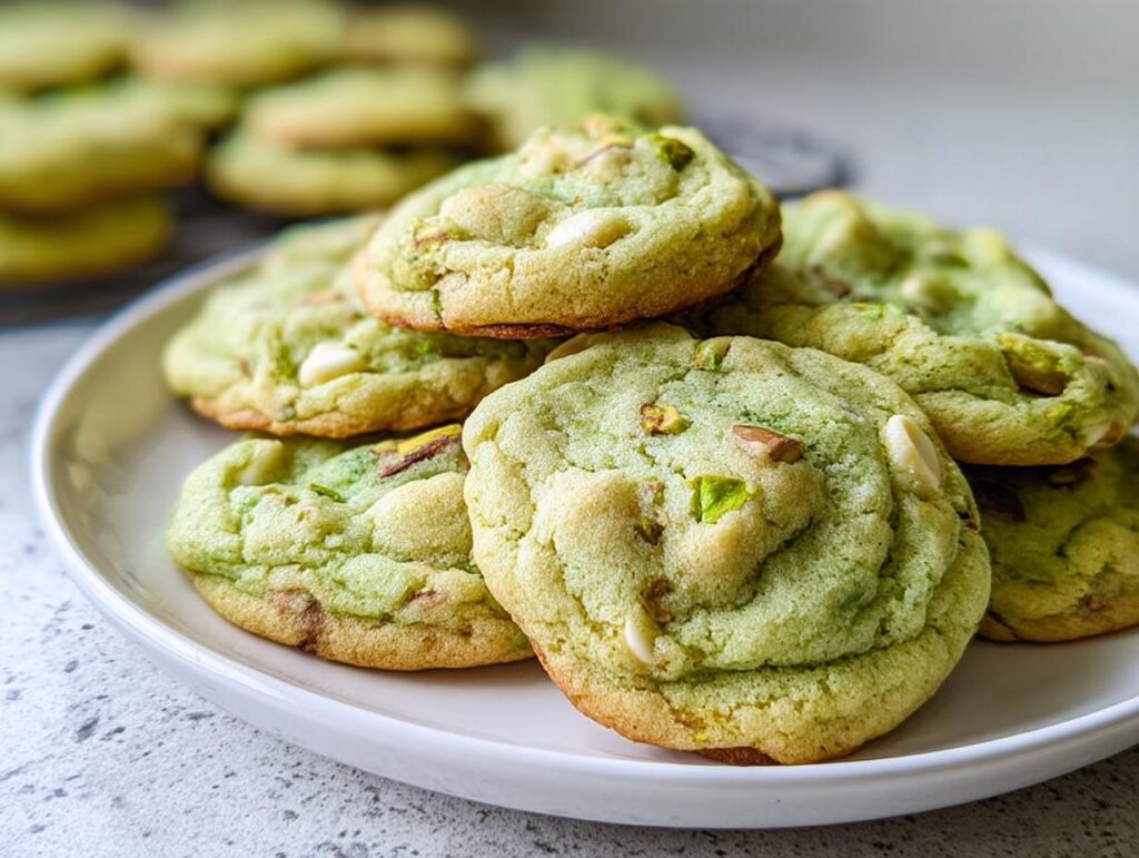 A close-up of soft and chewy pistachio pudding cookies piled on a white plate, studded with pistachios and white chocolate chips.