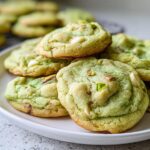 A close-up of soft and chewy pistachio pudding cookies piled on a white plate, studded with pistachios and white chocolate chips.