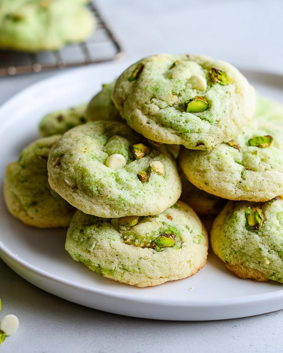 A stack of soft and chewy pistachio pudding cookies with white chocolate chips and chopped pistachios on a white plate.