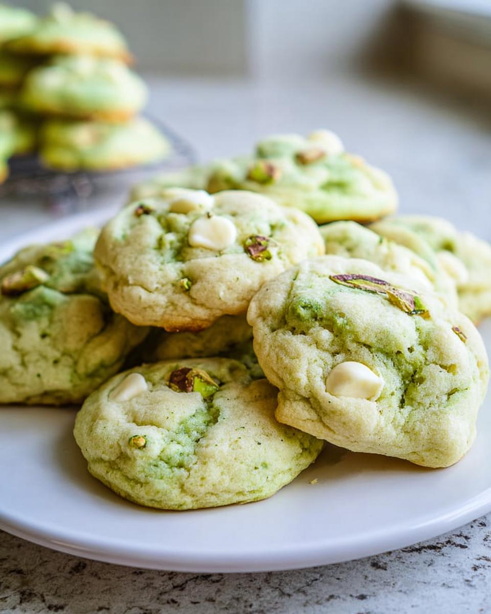 A close-up of soft and chewy pistachio pudding cookies studded with white chocolate chips and chopped pistachios.