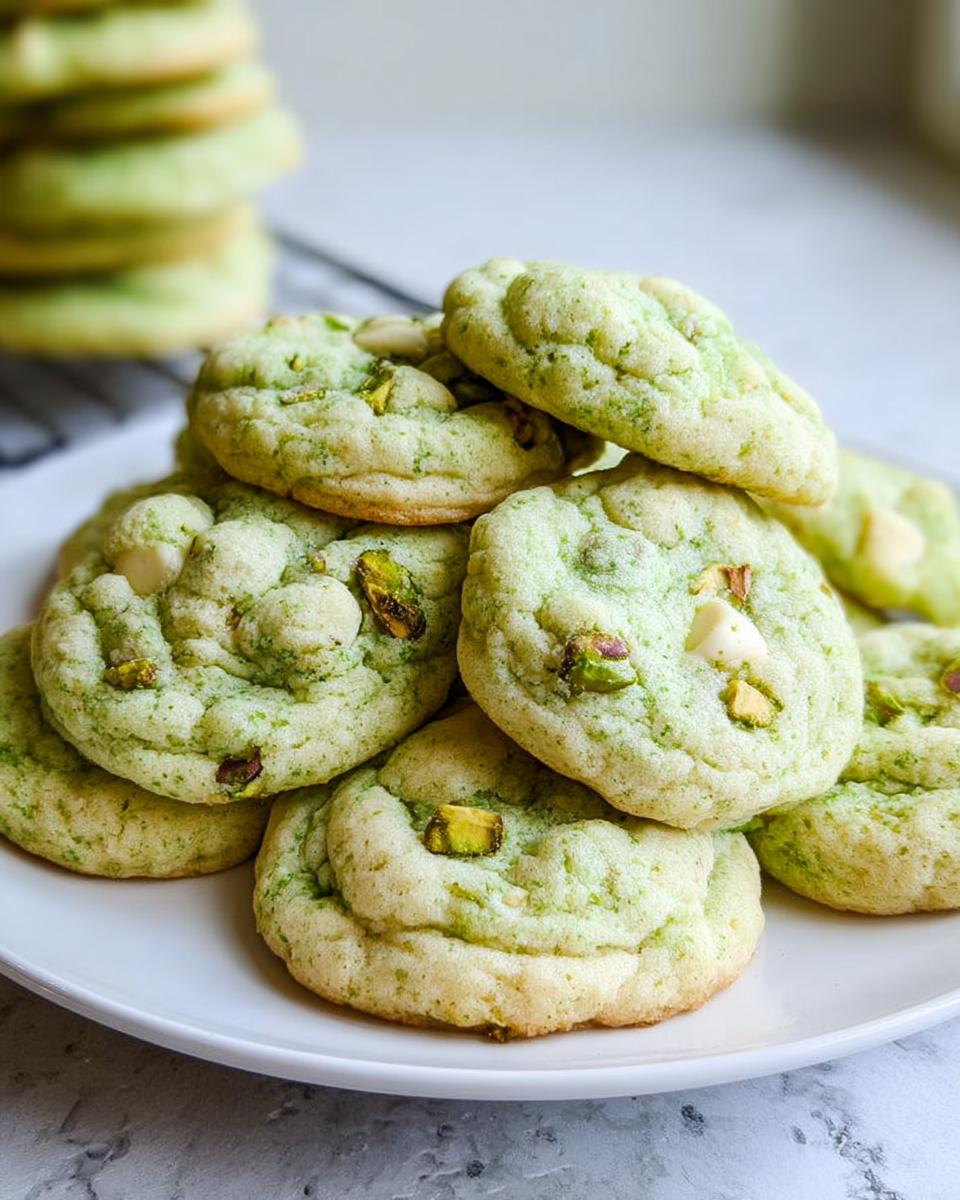 A pile of soft and chewy pistachio pudding cookies with white chocolate chips and chopped pistachios.