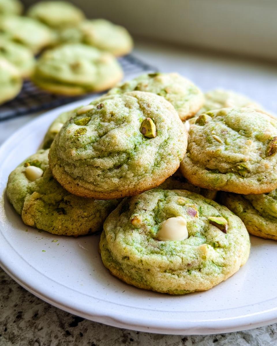 A close-up of a pile of soft and chewy pistachio pudding cookies, studded with pistachios and white chocolate chips.
